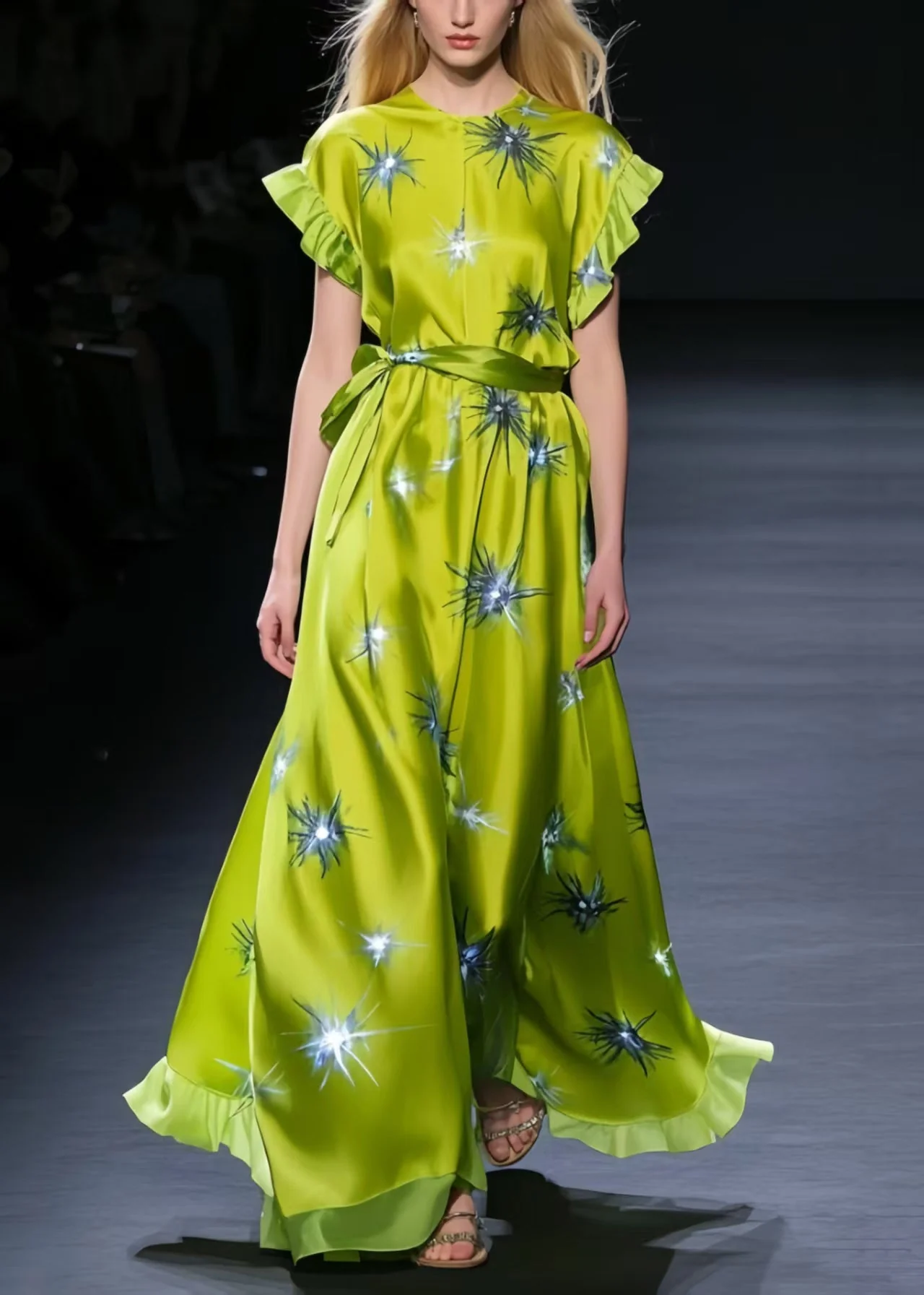 Beautiful Grass Green Twinkling Star Print Silk Tunic Dress Summer - Image 3