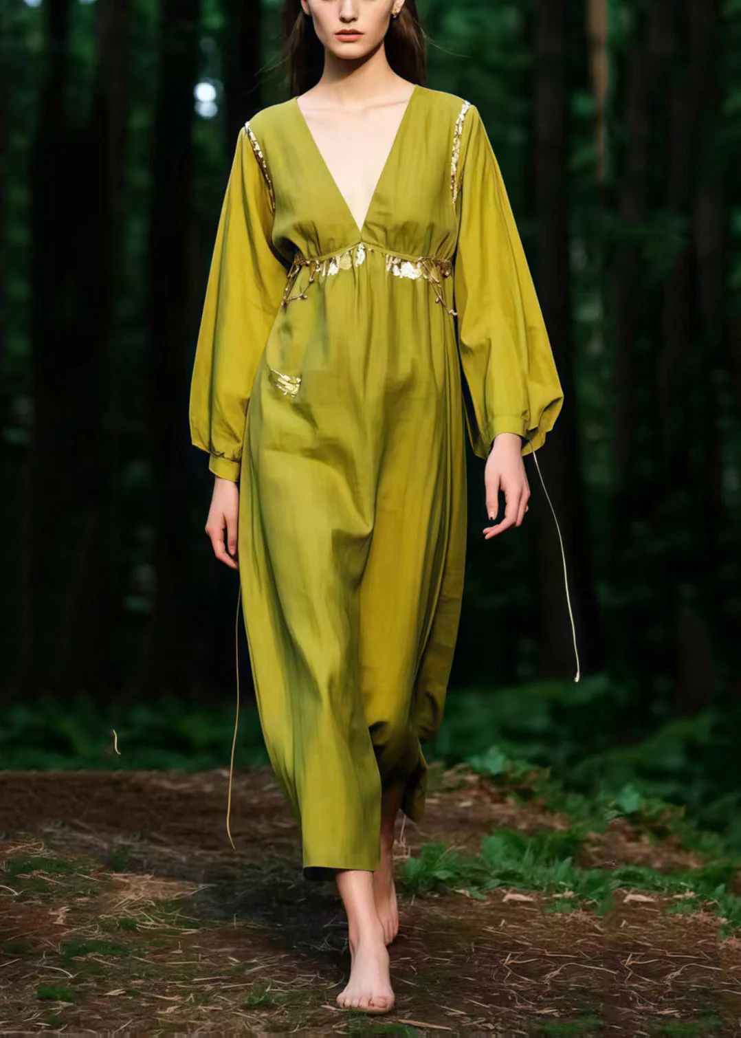 Beautiful Grass Green V Neck Cotton Ankle Dress Spring - Image 2