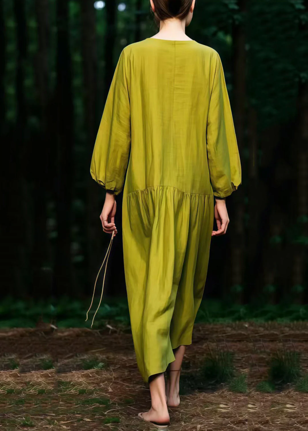 Beautiful Grass Green V Neck Cotton Ankle Dress Spring - Image 3