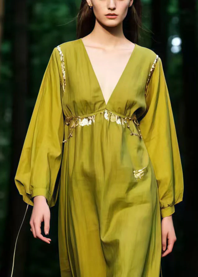 Beautiful Grass Green V Neck Cotton Ankle Dress Spring - Image 4