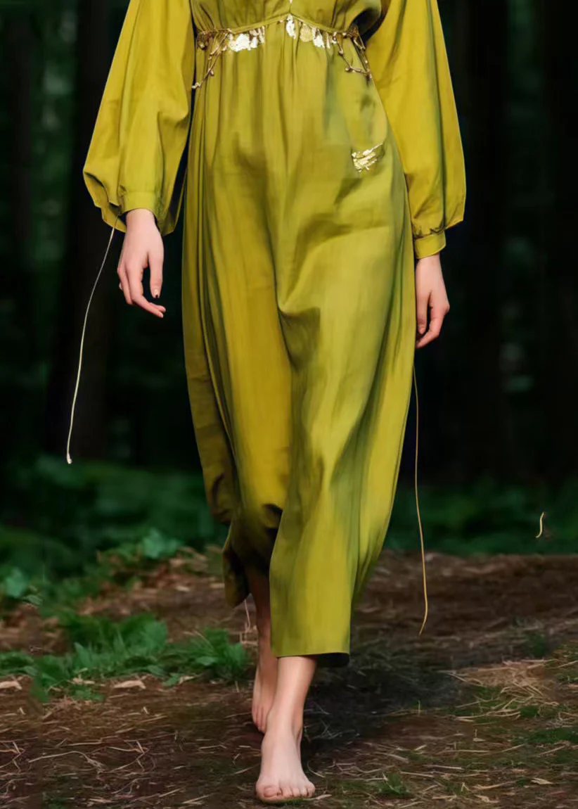 Beautiful Grass Green V Neck Cotton Ankle Dress Spring - Image 5