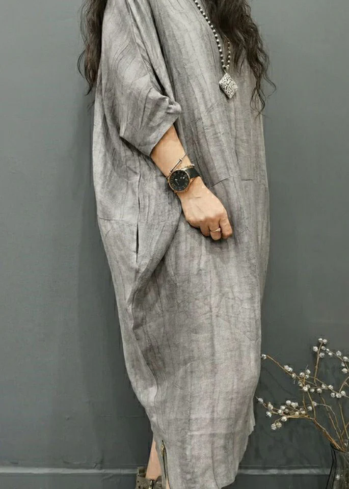 Beautiful Gray geometry O-Neck Wrinkled Side Open Linen Long Dress Batwing Sleeve - Image 6