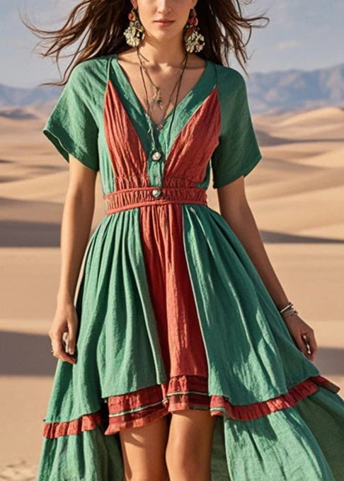 Beautiful Green Asymmetrical Patchwork Cotton Vacation Dresses Summer - Image 2