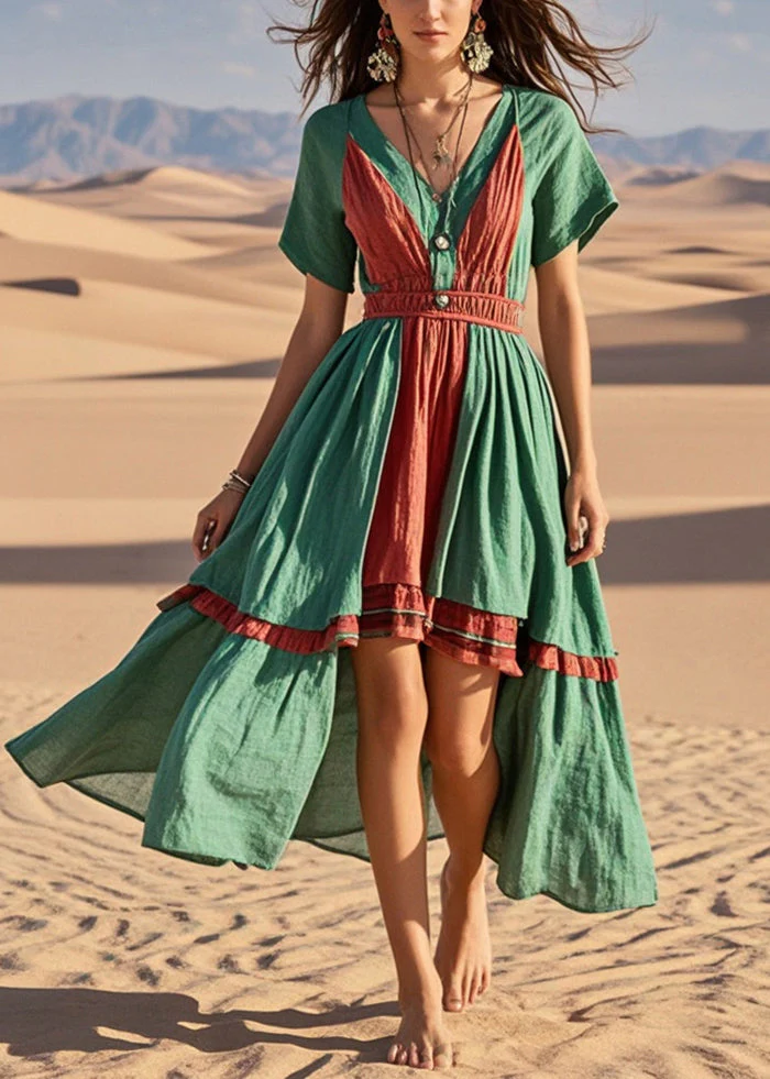 Beautiful Green Asymmetrical Patchwork Cotton Vacation Dresses Summer - Image 3