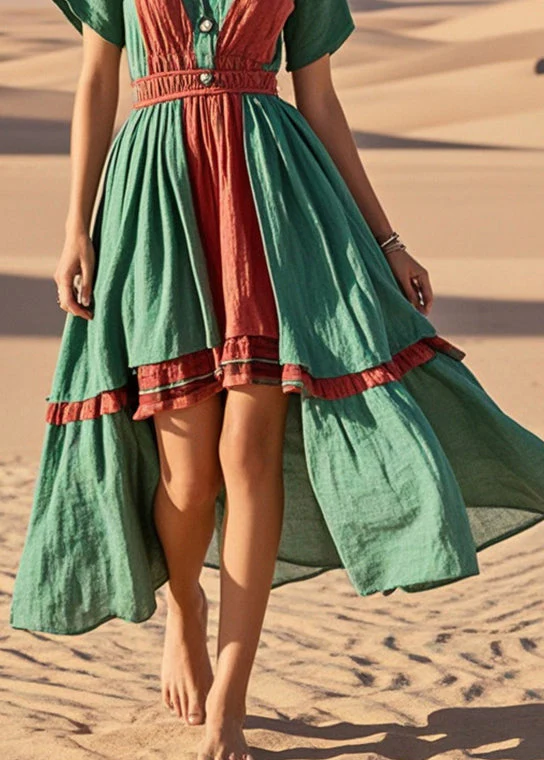 Beautiful Green Asymmetrical Patchwork Cotton Vacation Dresses Summer - Image 4