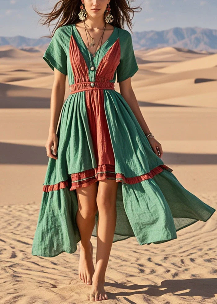 Beautiful Green Asymmetrical Patchwork Cotton Vacation Dresses Summer - Image 5