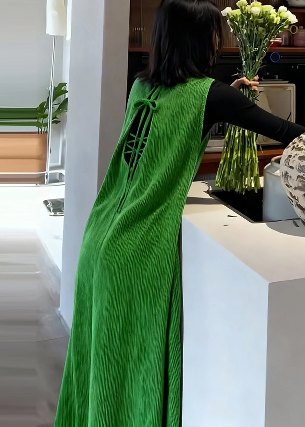 Beautiful Green Backless Corduroy Long Dresses Sleeveless