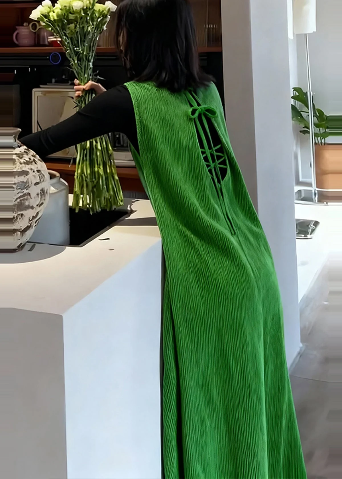 Beautiful Green Backless Corduroy Long Dresses Sleeveless - Image 2