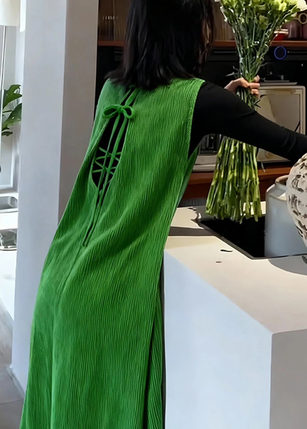 Beautiful Green Backless Corduroy Long Dresses Sleeveless - Image 3