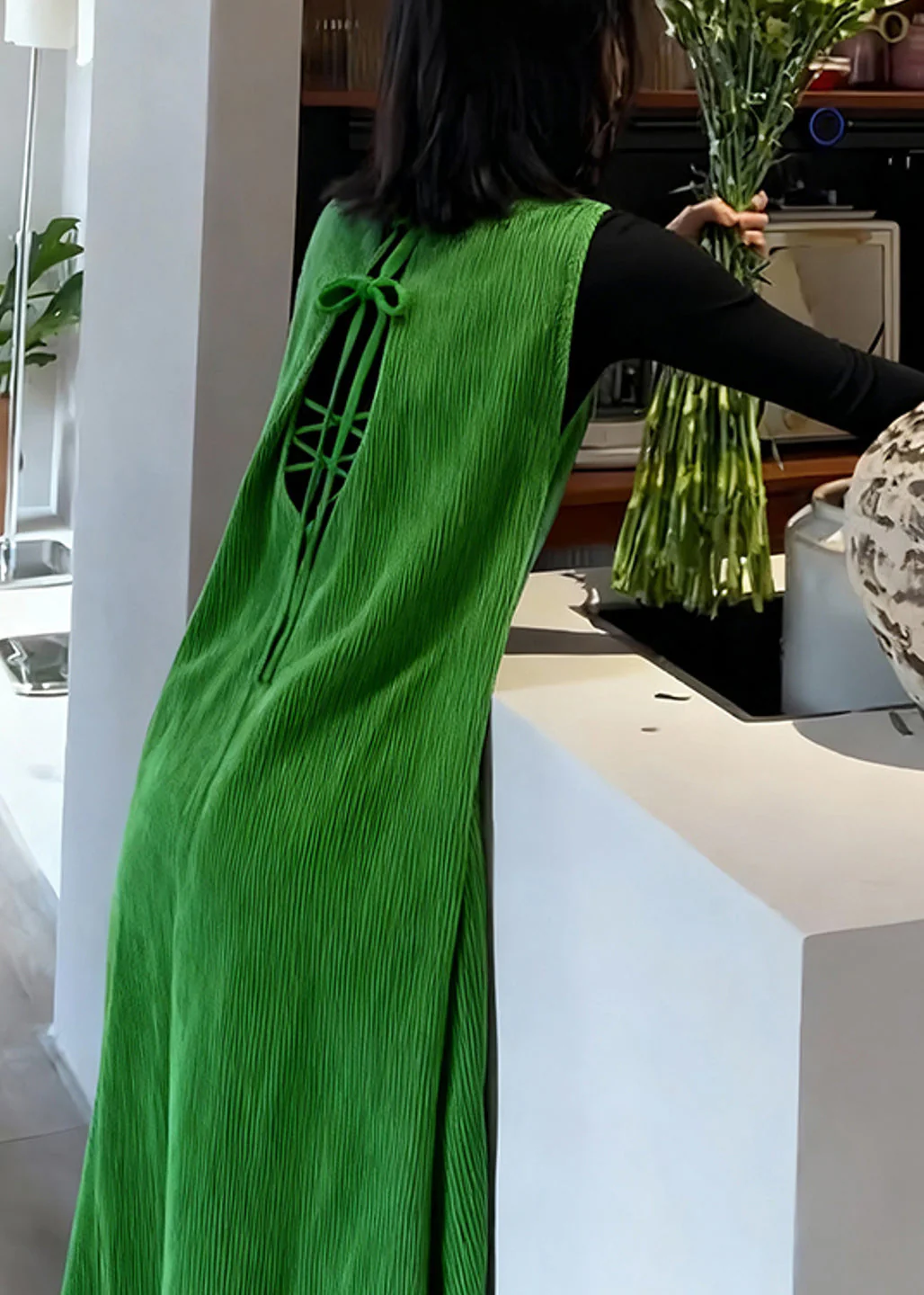 Beautiful Green Backless Corduroy Long Dresses Sleeveless - Image 4