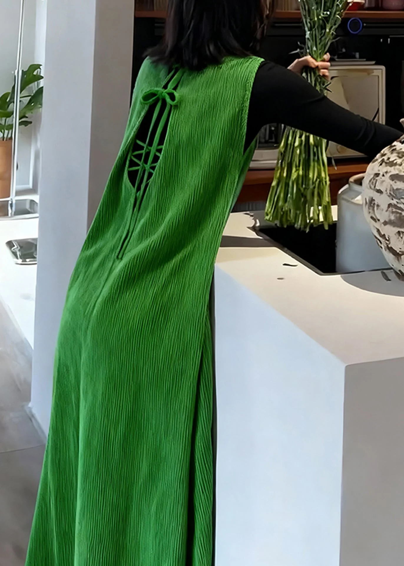 Beautiful Green Backless Corduroy Long Dresses Sleeveless - Image 5