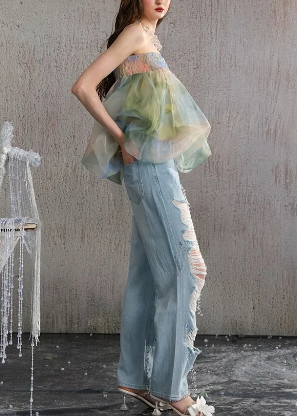 Beautiful Green Backless Print Chiffon Strapless Vests Summer - Image 3