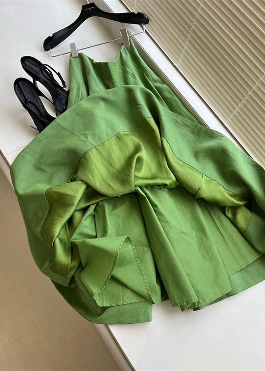 Beautiful Green High Waist Wrinkled Cotton Skirt Spring - Image 3