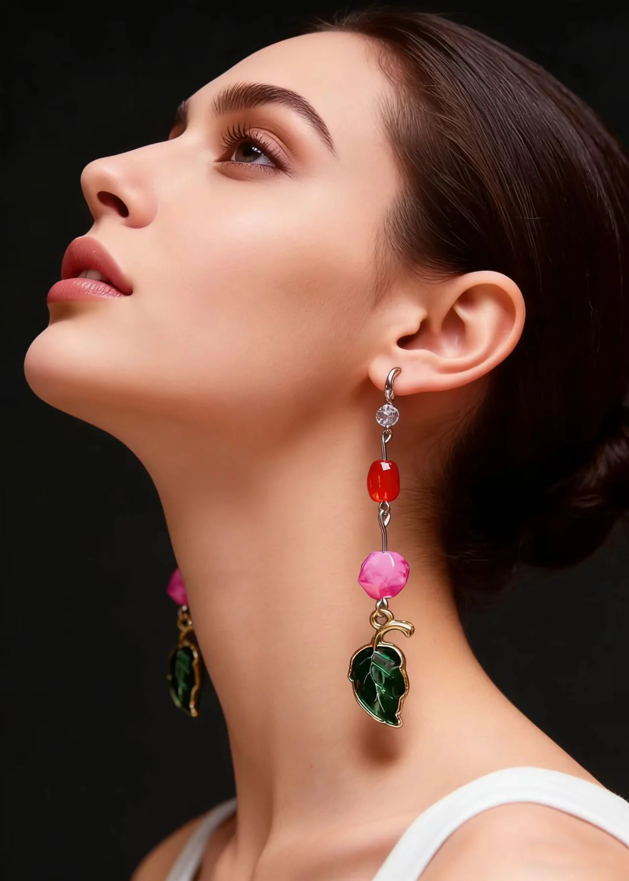 Beautiful Green Leaf Asymmetrical Jade Zircon Drop Earrings - Image 2