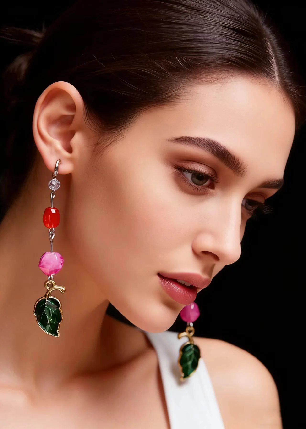 Beautiful Green Leaf Asymmetrical Jade Zircon Drop Earrings - Image 3