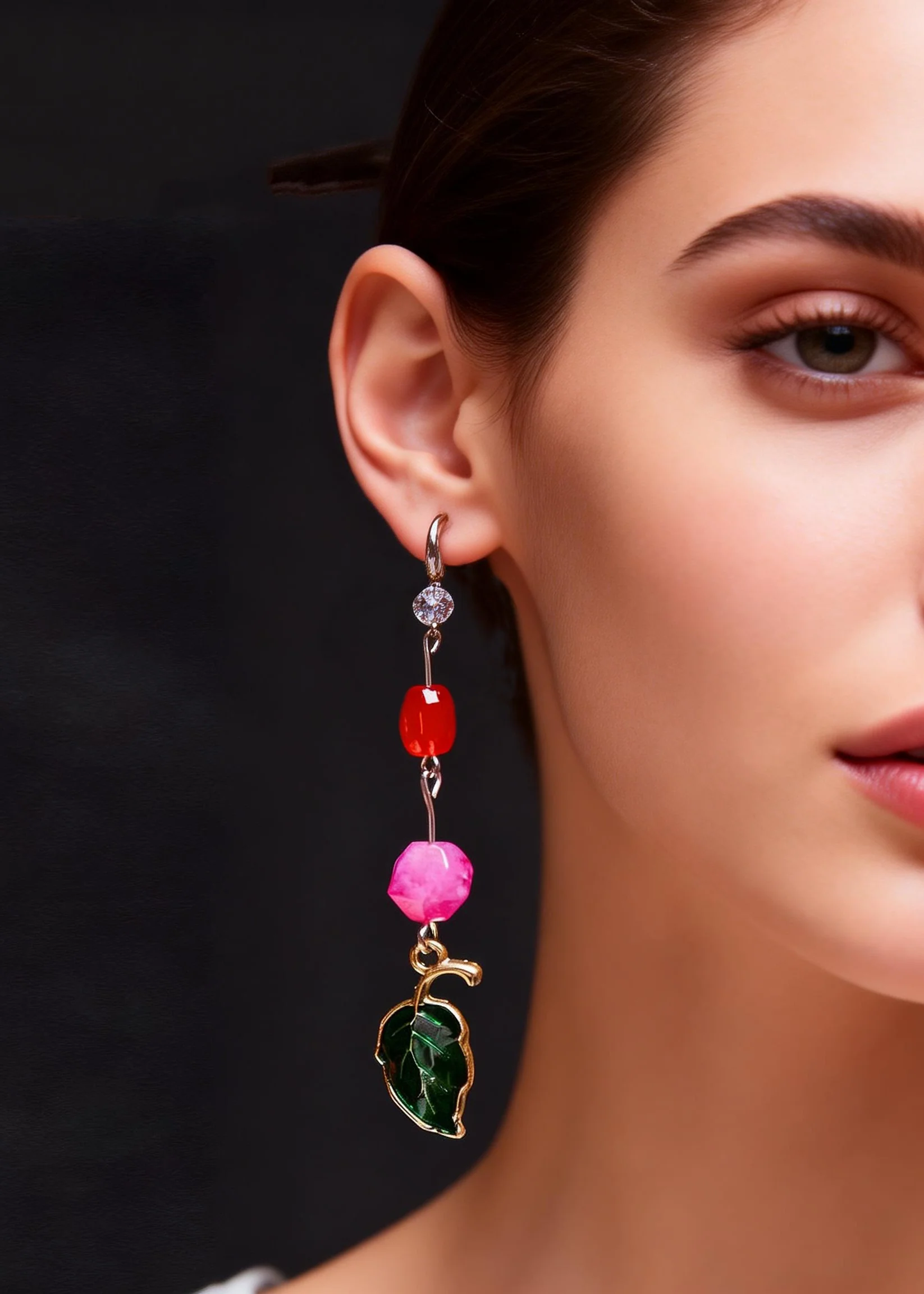 Beautiful Green Leaf Asymmetrical Jade Zircon Drop Earrings - Image 4