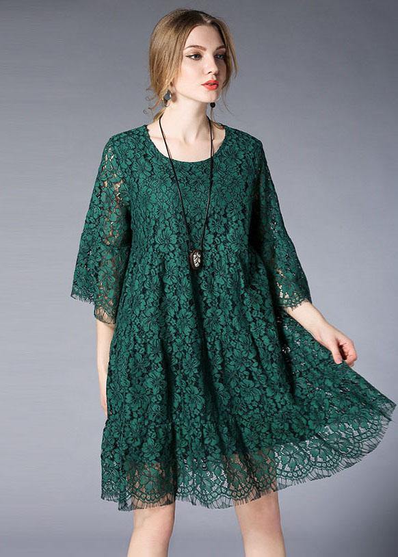Beautiful Green O-Neck Lace Spring Vacation Dress Half Sleeve - Image 2