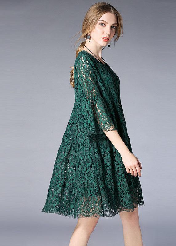 Beautiful Green O-Neck Lace Spring Vacation Dress Half Sleeve - Image 3