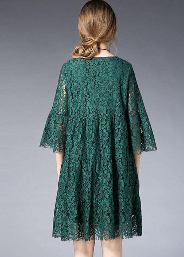 Beautiful Green O-Neck Lace Spring Vacation Dress Half Sleeve - Image 4