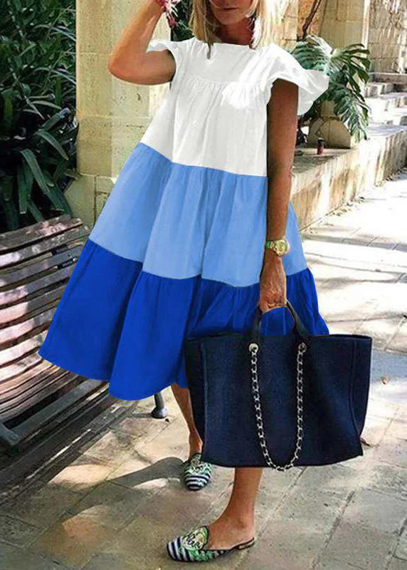 Beautiful Green O-Neck Layered Patchwork Beach Dress Short Sleeve - Image 3