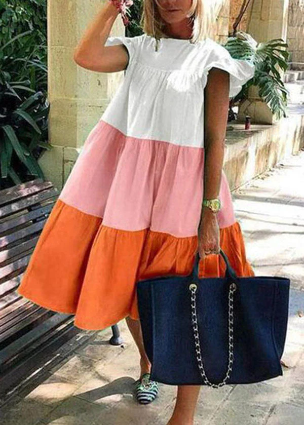 Beautiful Green O-Neck Layered Patchwork Beach Dress Short Sleeve - Image 4