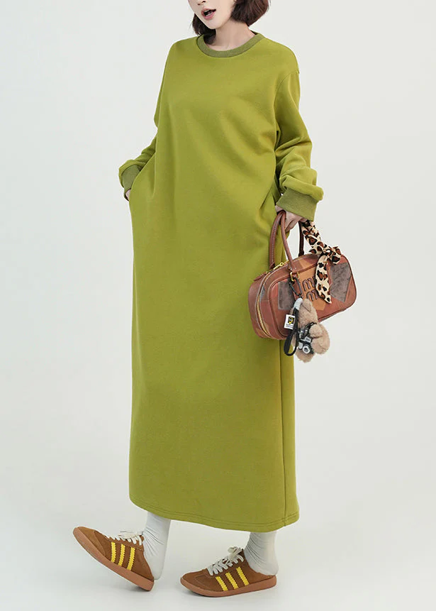 Beautiful Green O Neck Long Cotton Straight Dress Spring - Image 4