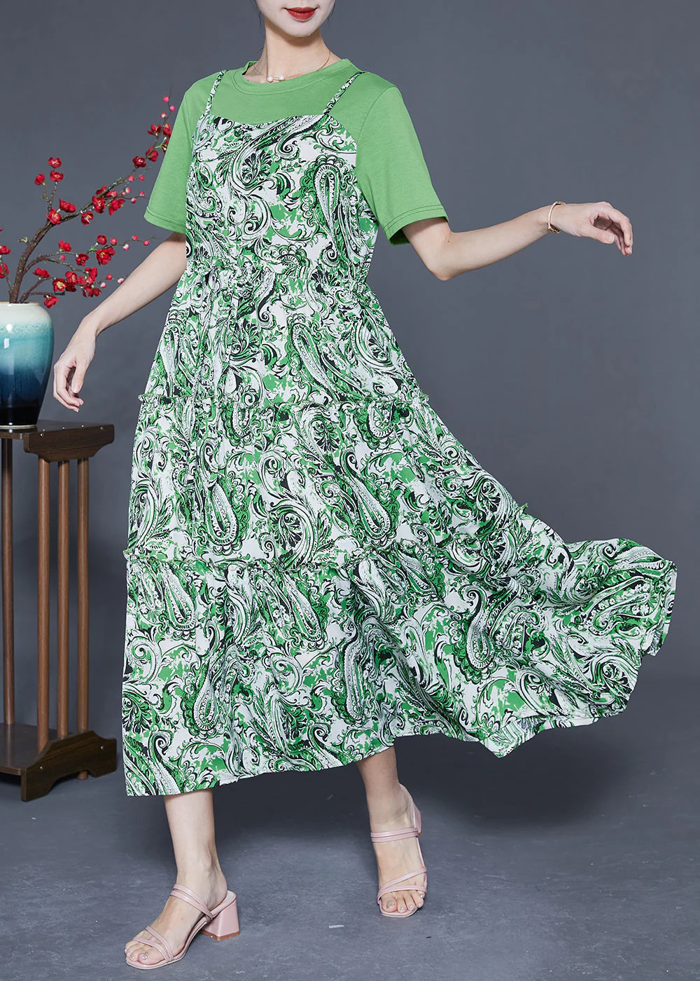 Beautiful Green O-Neck Patchwork Exra Large Hem Chiffon Fake Two Piece Dresses Summer - Image 2