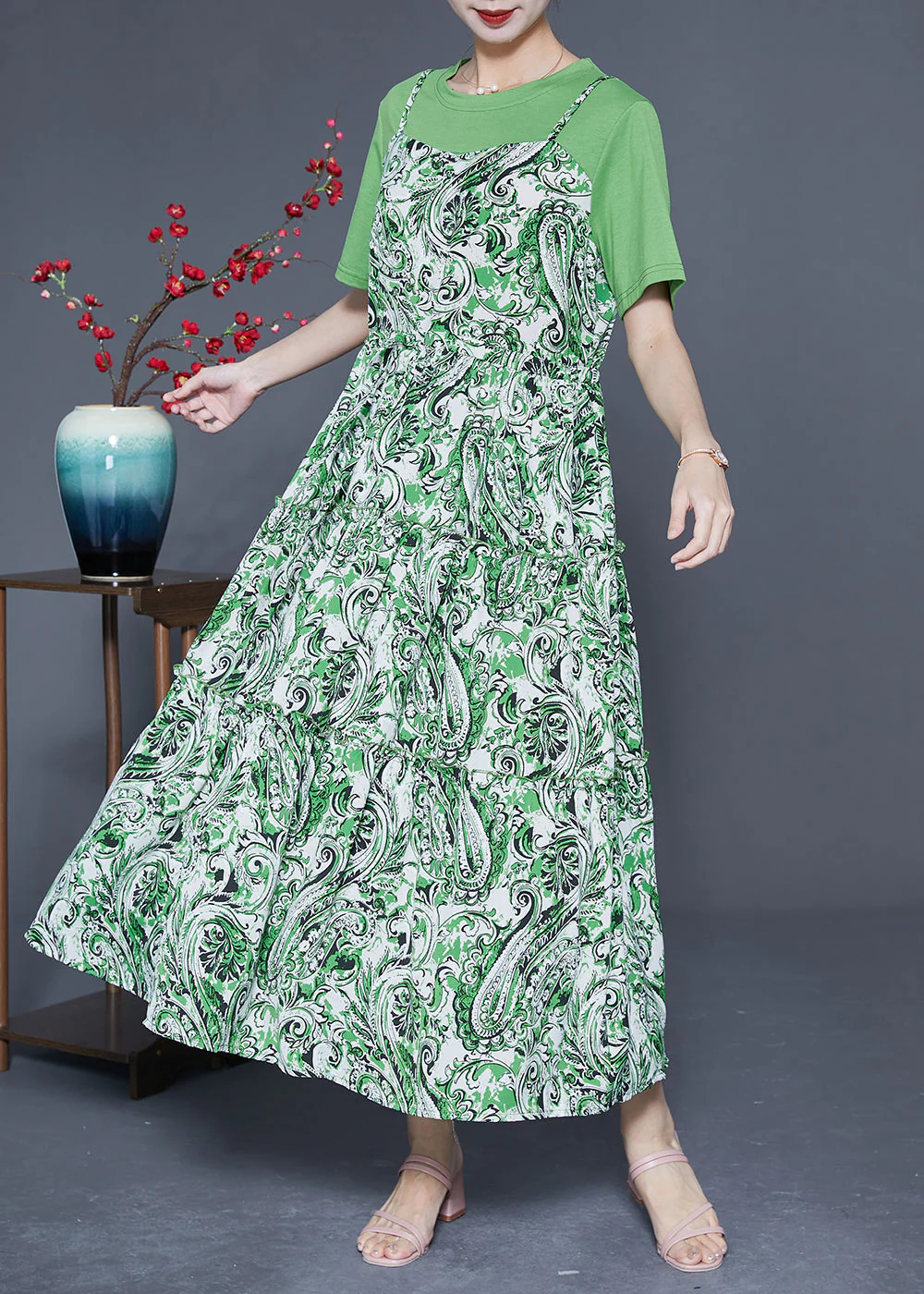Beautiful Green O-Neck Patchwork Exra Large Hem Chiffon Fake Two Piece Dresses Summer - Image 3
