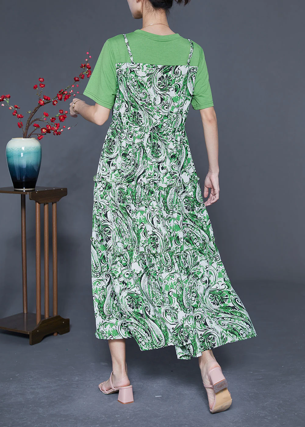 Beautiful Green O-Neck Patchwork Exra Large Hem Chiffon Fake Two Piece Dresses Summer - Image 4