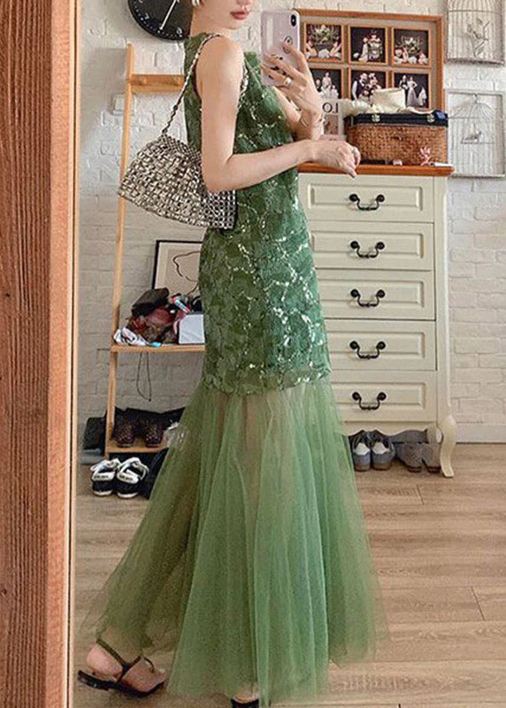 Beautiful Green O-Neck Patchwork Tulle Vacation Maxi Dresses Sleeveless - Image 5