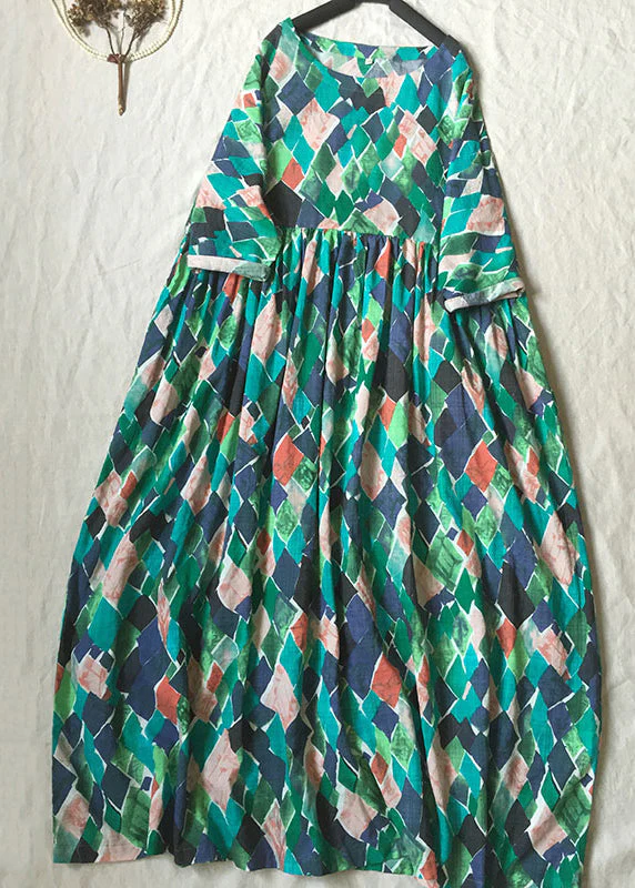 Beautiful Green O Neck Print Wrinkled Cotton Dresses Summer - Image 2