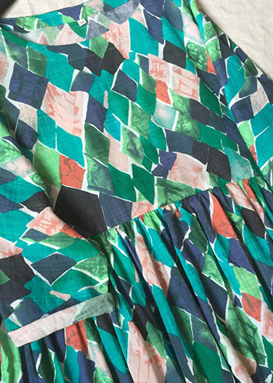 Beautiful Green O Neck Print Wrinkled Cotton Dresses Summer - Image 3