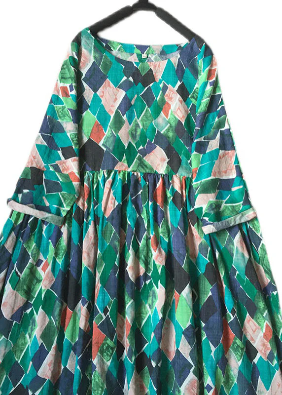 Beautiful Green O Neck Print Wrinkled Cotton Dresses Summer - Image 5