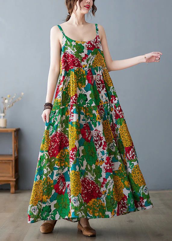 Beautiful Green O-Neck Print Wrinkled Cotton Slip Long Dress Summer - Image 2