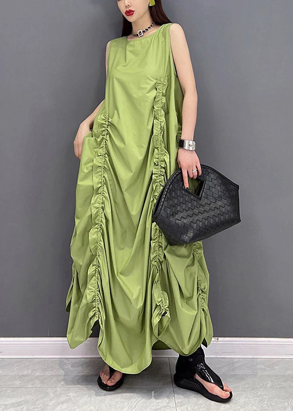 Beautiful Green O-Neck Wrinkled Pockets Chiffon Dresses Sleeveless - Image 2