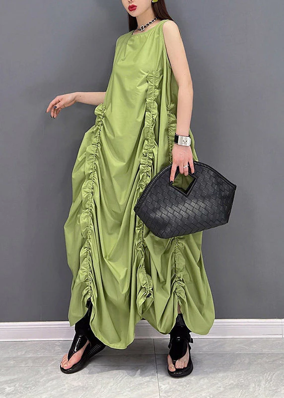 Beautiful Green O-Neck Wrinkled Pockets Chiffon Dresses Sleeveless - Image 3