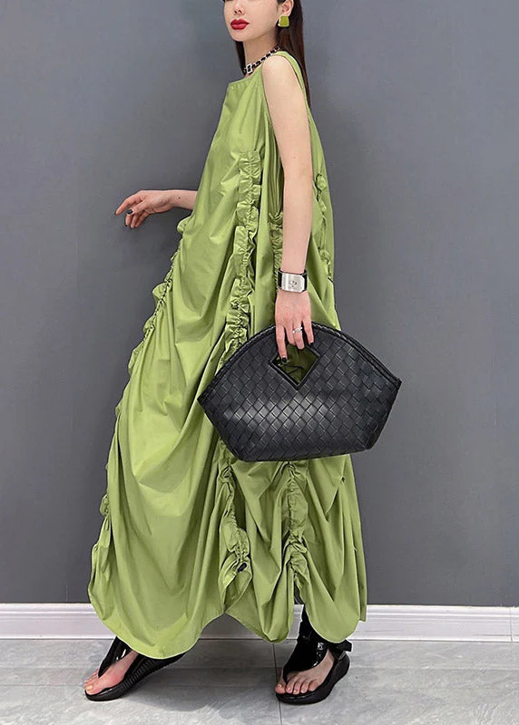 Beautiful Green O-Neck Wrinkled Pockets Chiffon Dresses Sleeveless - Image 4