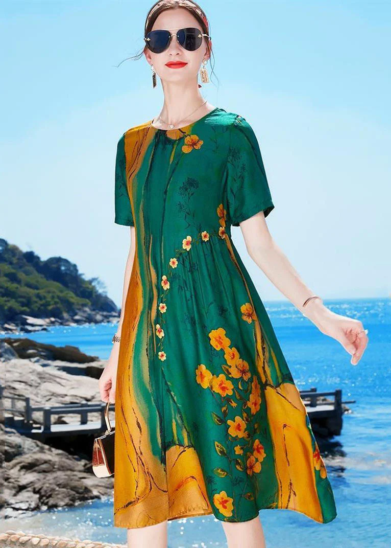 Beautiful Green O-Neck Wrinkled Print Draping Silk Party Dress Short Sleeve - Image 2