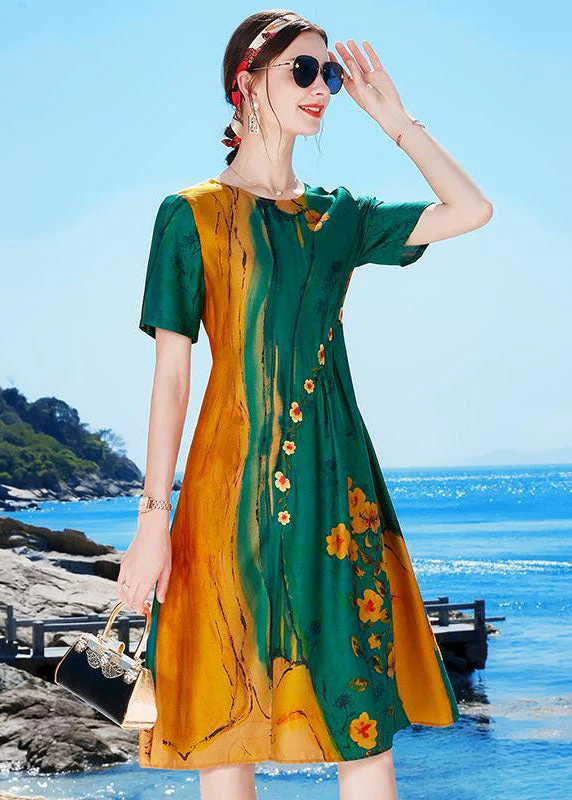 Beautiful Green O-Neck Wrinkled Print Draping Silk Party Dress Short Sleeve - Image 3