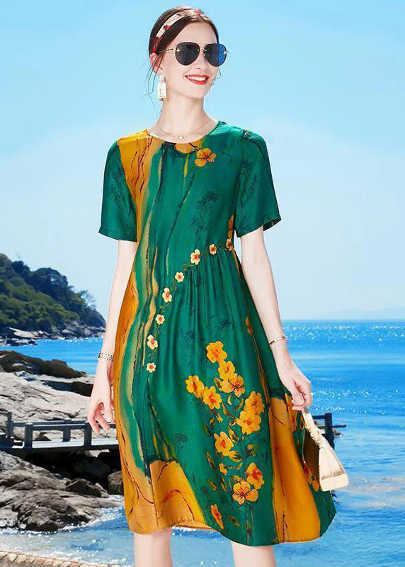 Beautiful Green O-Neck Wrinkled Print Draping Silk Party Dress Short Sleeve - Image 4