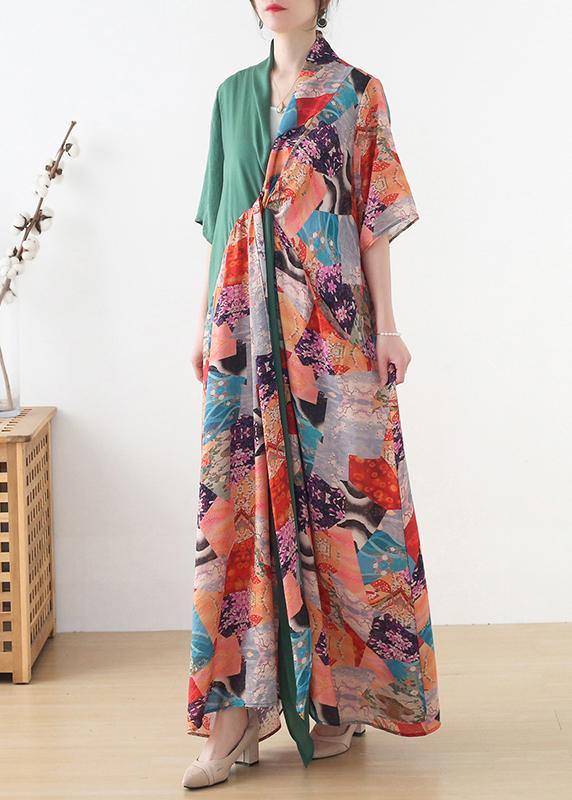 Beautiful Green Patchwork Print Vacation Summer Chiffon Dress - Image 3