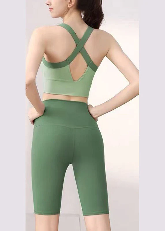 Beautiful Green Patchwork Sports Bra And Leggings Set Suit Running Leggings - Image 3