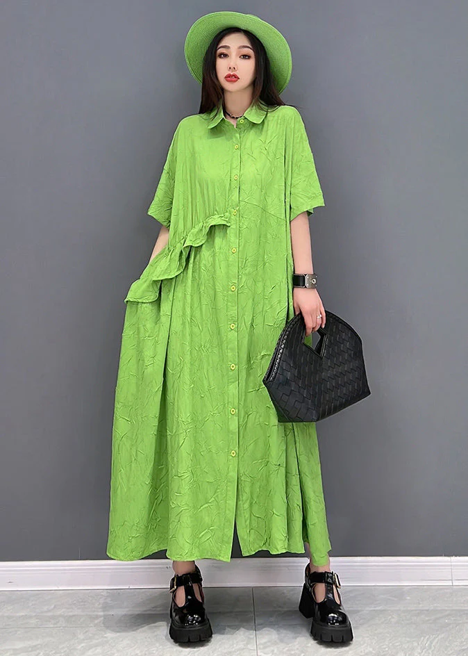 Beautiful Green Peter Pan Collar Asymmetrical Design Ruffled Vacation Dresses Short Sleeve - Image 2