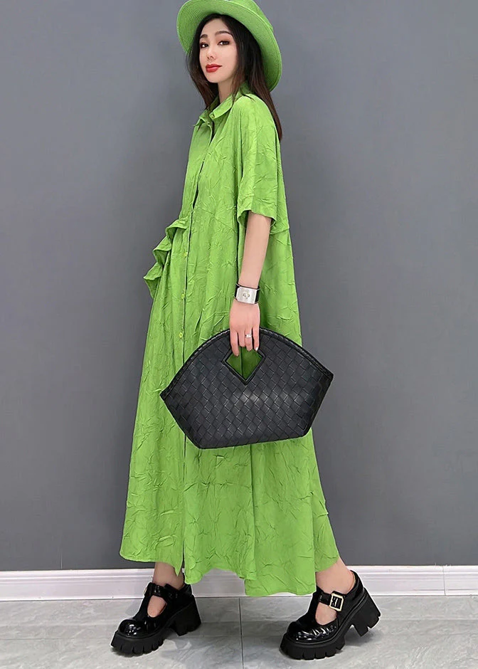 Beautiful Green Peter Pan Collar Asymmetrical Design Ruffled Vacation Dresses Short Sleeve - Image 3