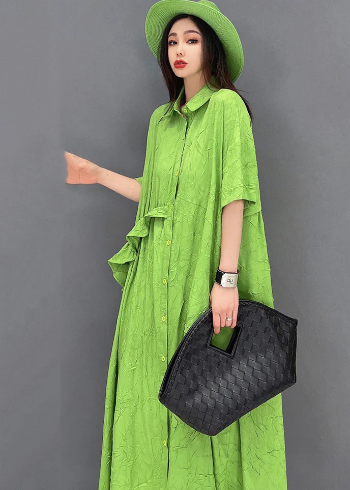 Beautiful Green Peter Pan Collar Asymmetrical Design Ruffled Vacation Dresses Short Sleeve - Image 5