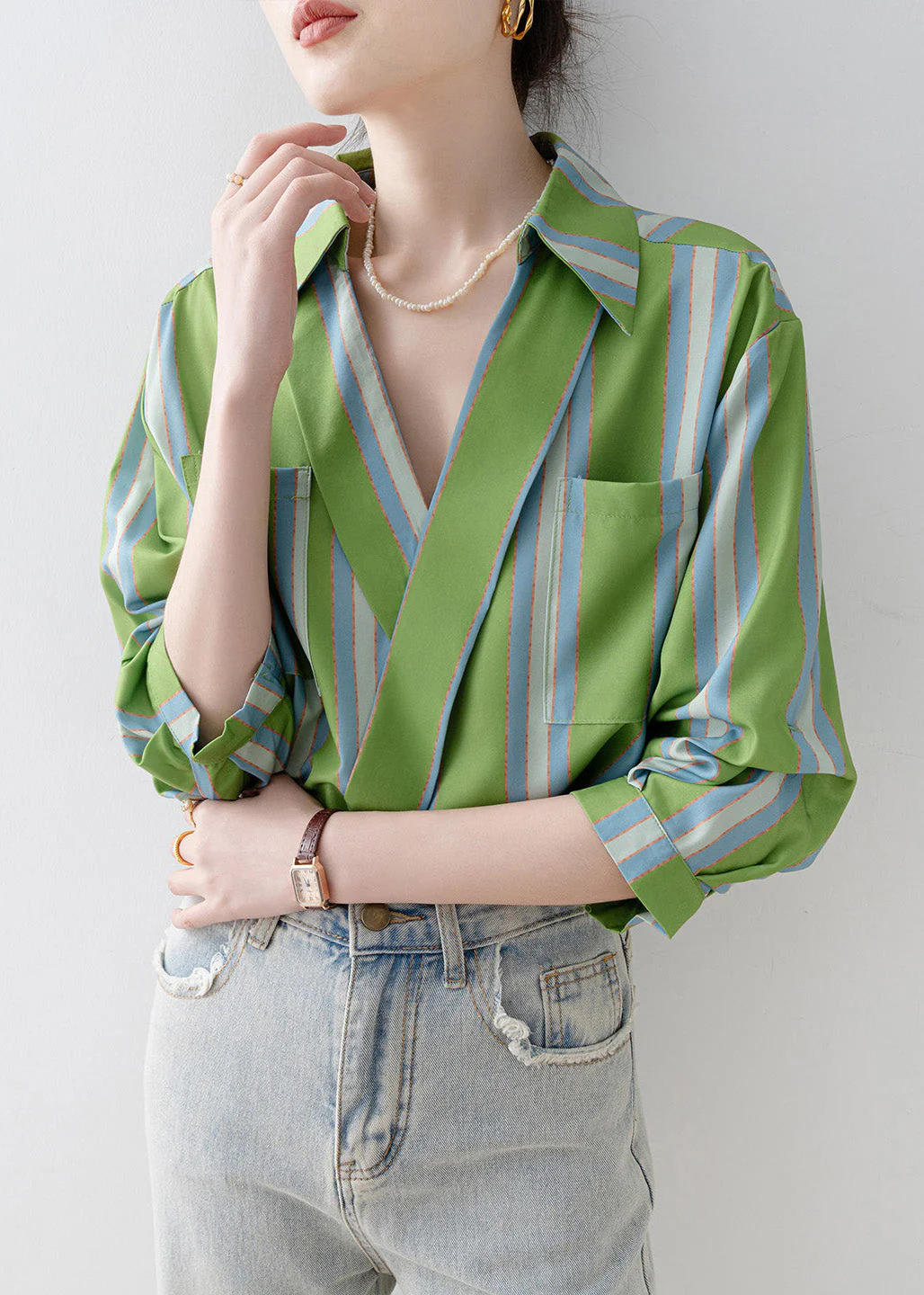 Beautiful Green Peter Pan Collar Striped Cotton Shirt Top Half Sleeve - Image 3