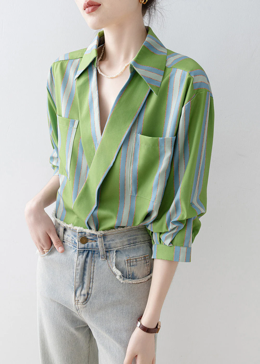 Beautiful Green Peter Pan Collar Striped Cotton Shirt Top Half Sleeve - Image 4