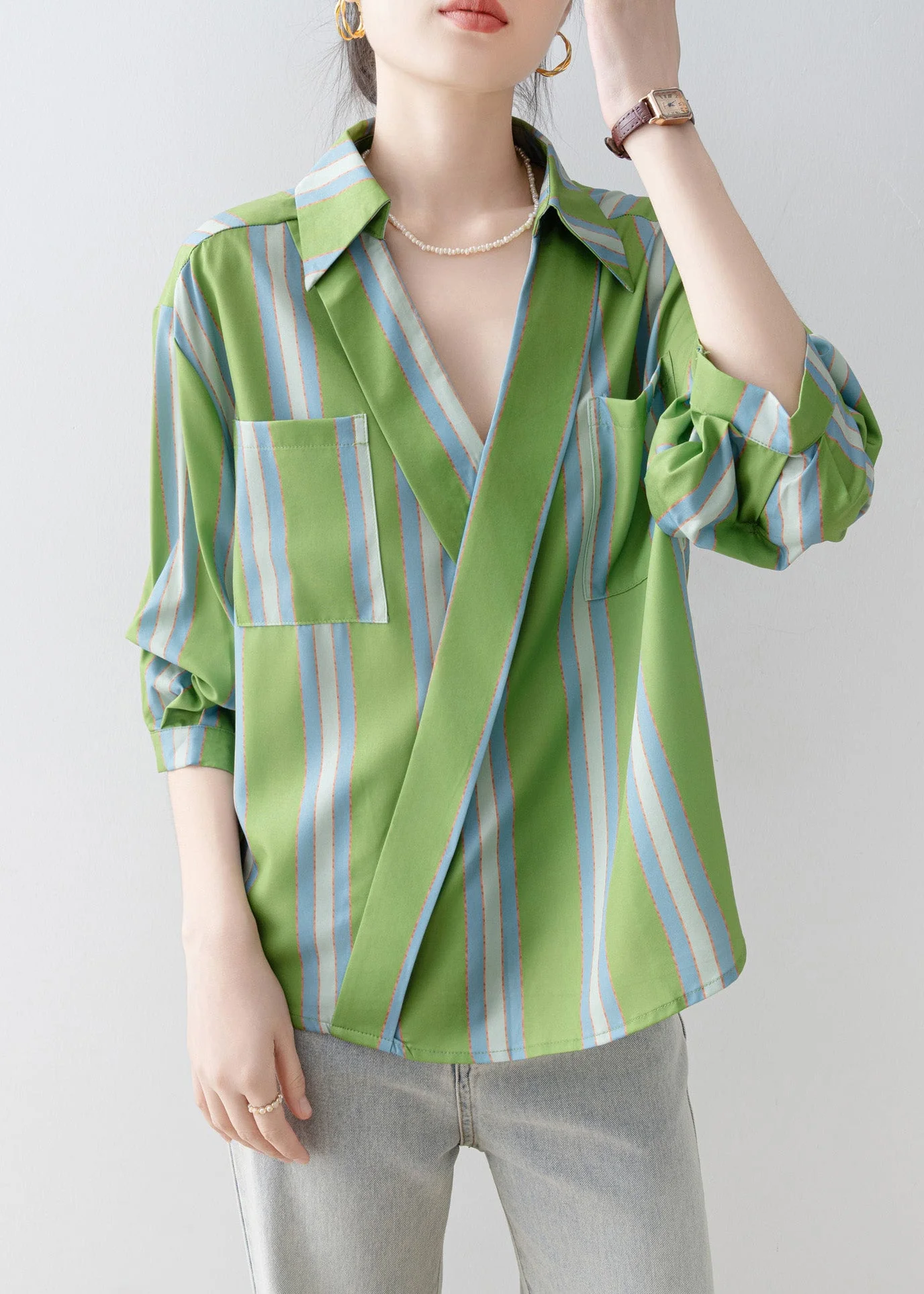 Beautiful Green Peter Pan Collar Striped Cotton Shirt Top Half Sleeve - Image 5