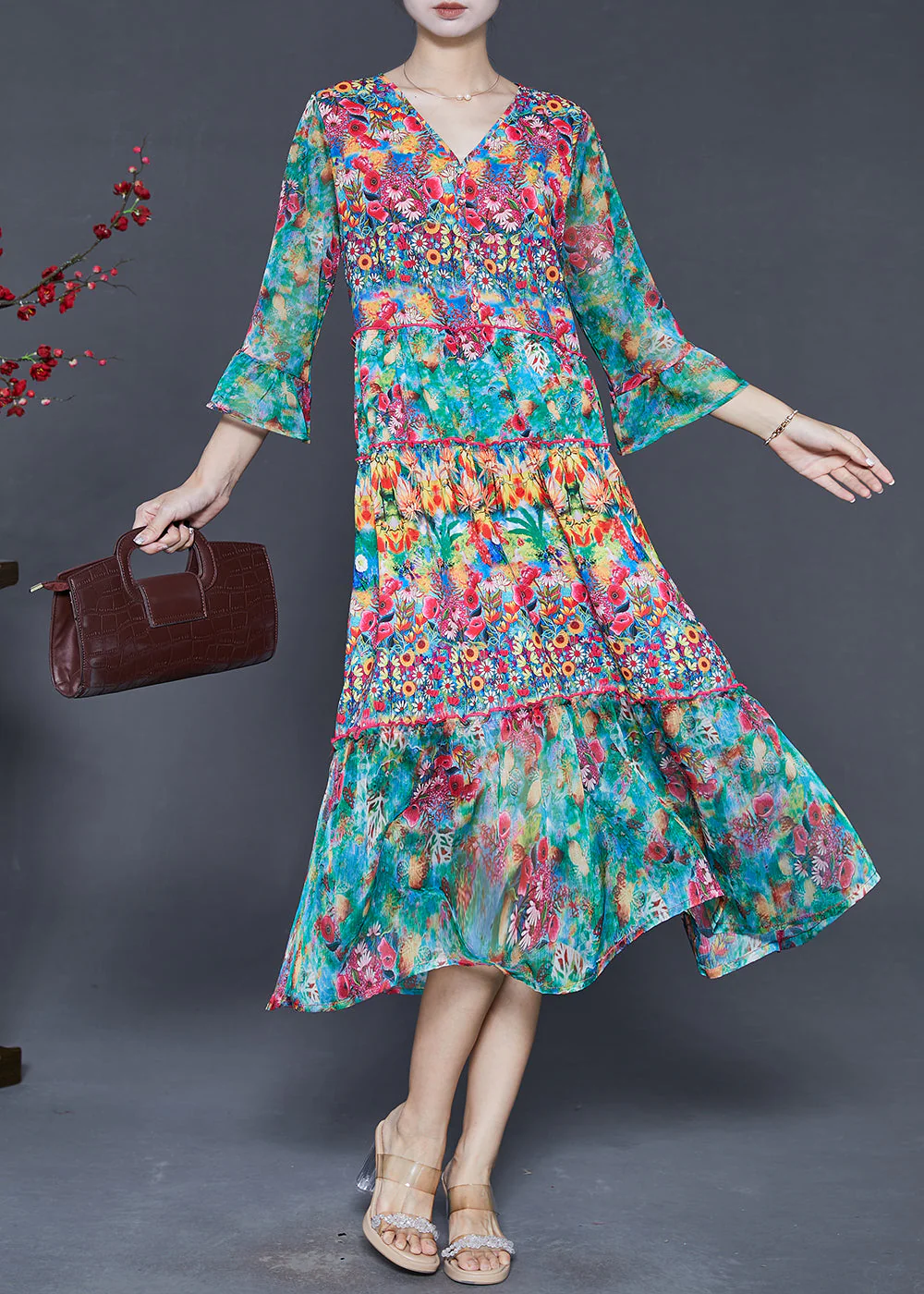 Beautiful Green Print Chiffon Tea Dresses Bracelet Sleeve