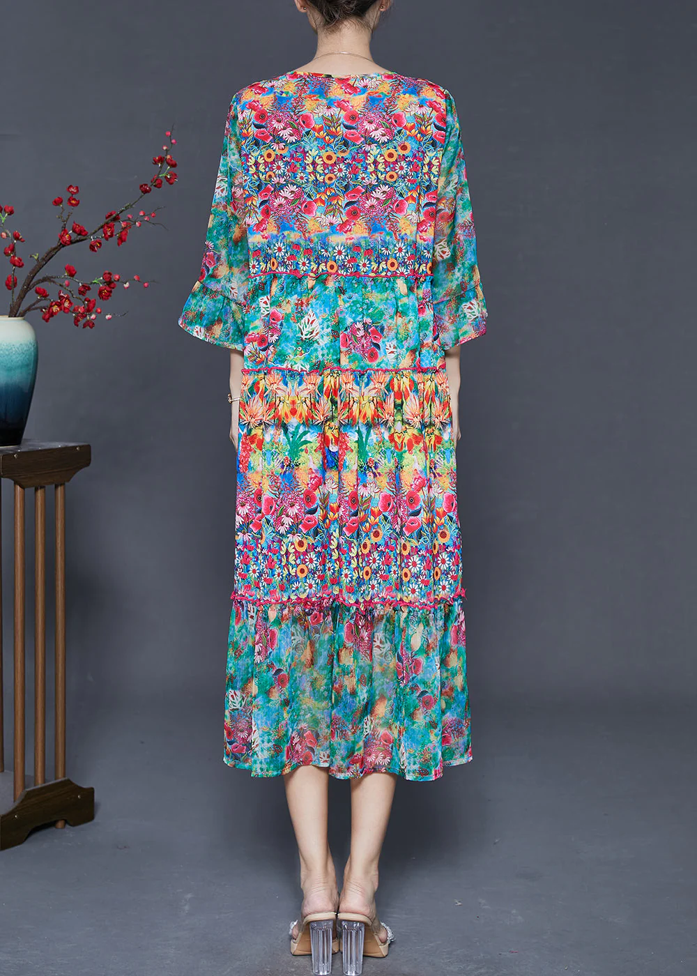 Beautiful Green Print Chiffon Tea Dresses Bracelet Sleeve - Image 4